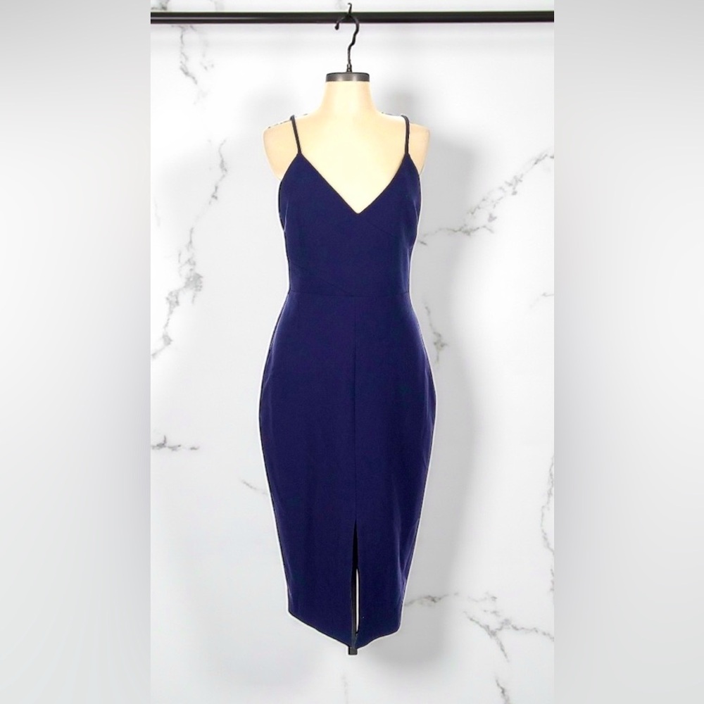 LIKELY Women’s Navy Blue Brooklyn Cocktail Midi Dress Front Slit Size 6